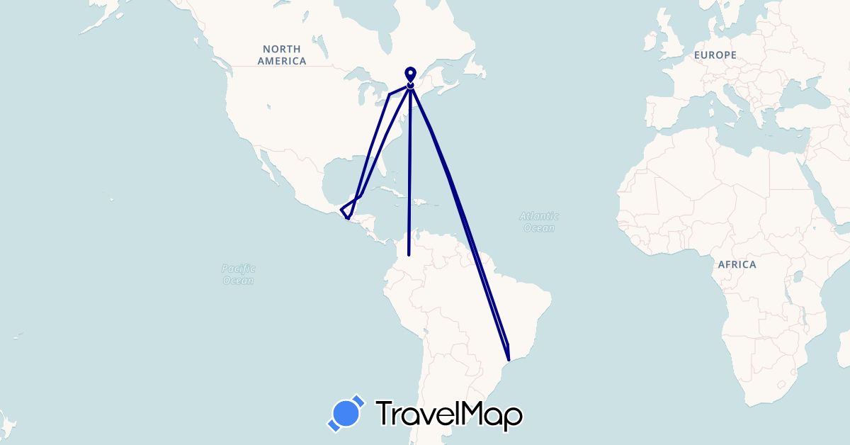 TravelMap itinerary: driving in Brazil, Canada, Colombia, Guatemala, Mexico (North America, South America)